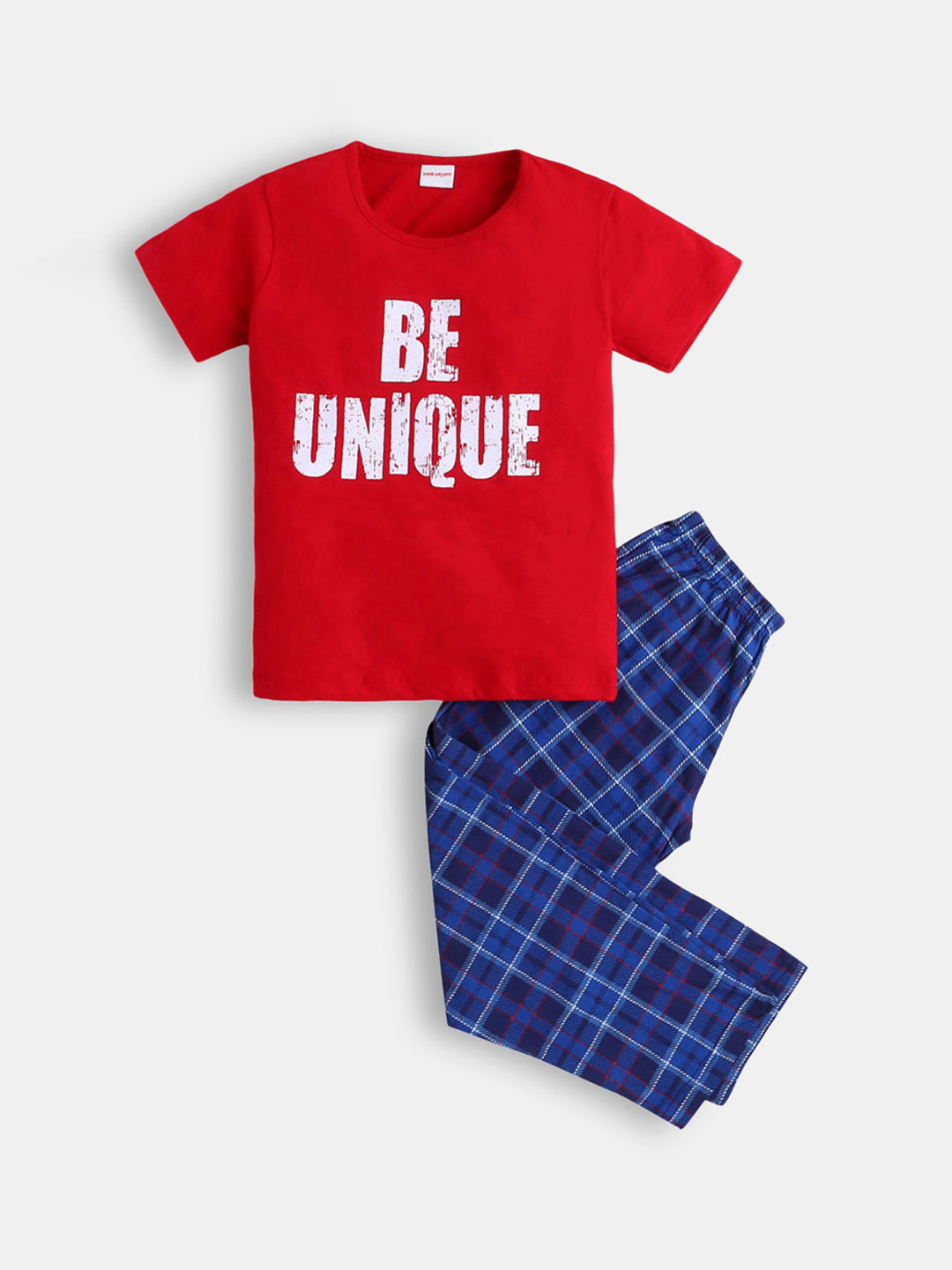 

Hopscotch Boys Red & Blue Typography Printed Pure Cotton Night suit