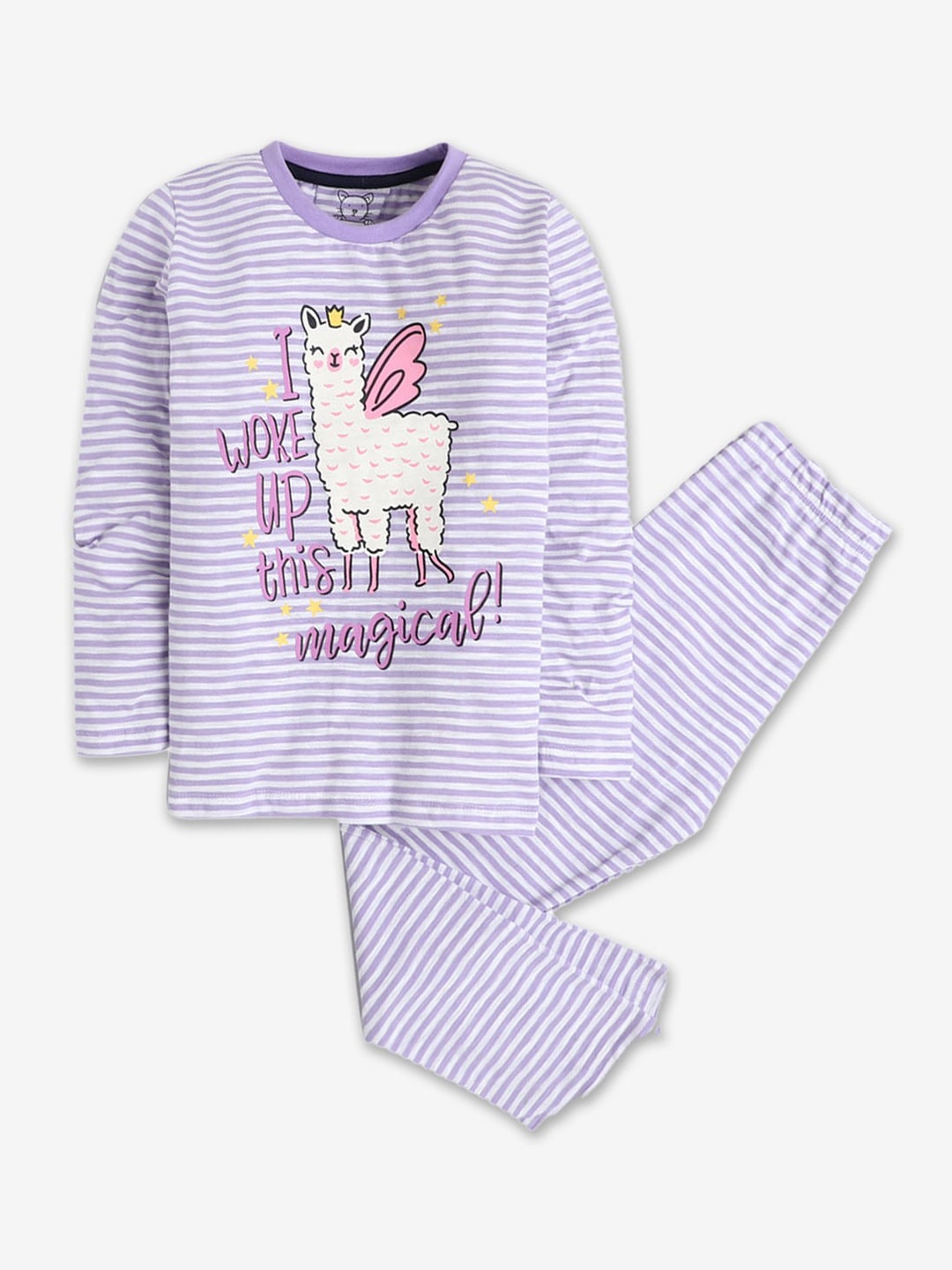

Hopscotch Girls Purple & White Striped & Typography Printed Night suit