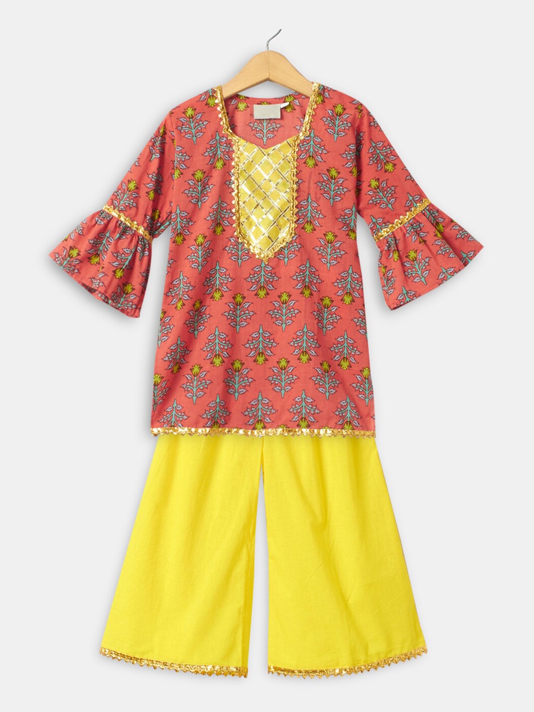 

Hopscotch Girls Coral Floral Embroidered Pure Cotton Kurta With Sharara