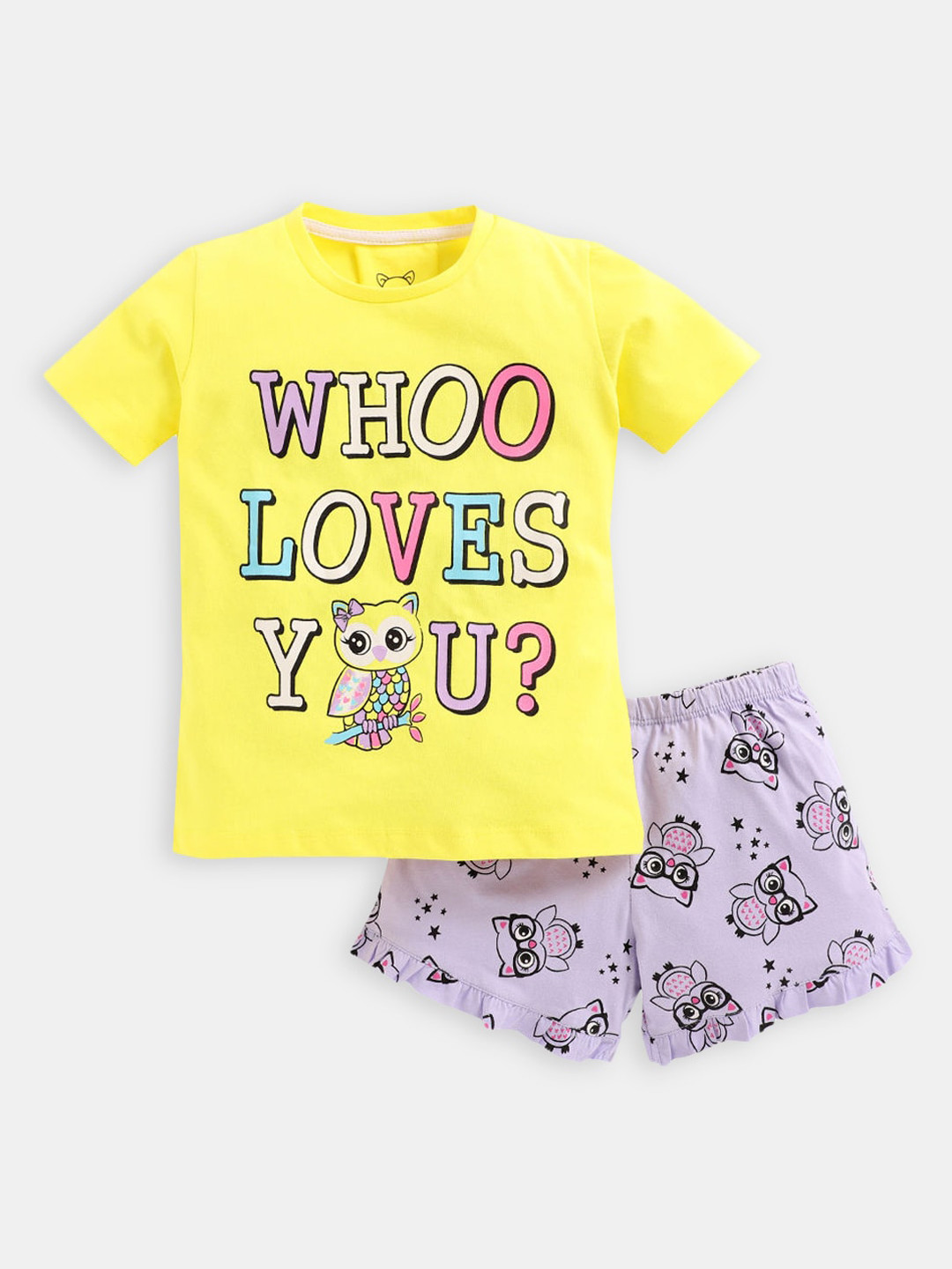 

Hopscotch Girls Yellow & Purple Printed Pure Cotton Night suit