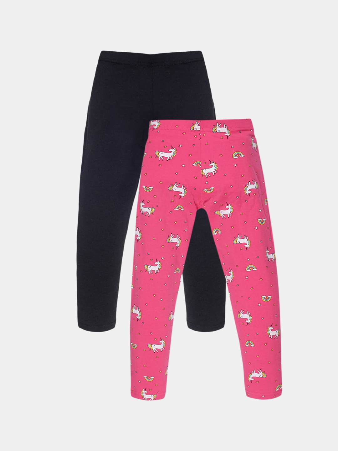 

Hopscotch Girls Pack Of 2 Pink & Black Printed Ankle Length Cotton Leggings