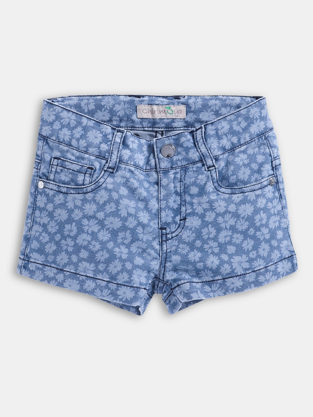

Hopscotch Girls Floral Printed High-Rise Denim Cotton Shorts, Blue