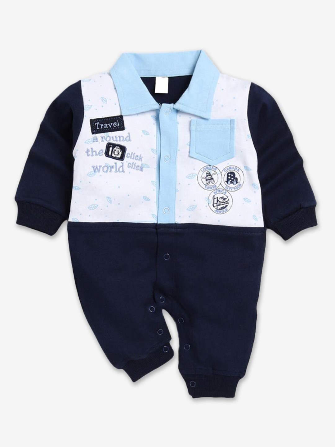 

Hopscotch Infant Boys Navy Blue & White Printed Rompers