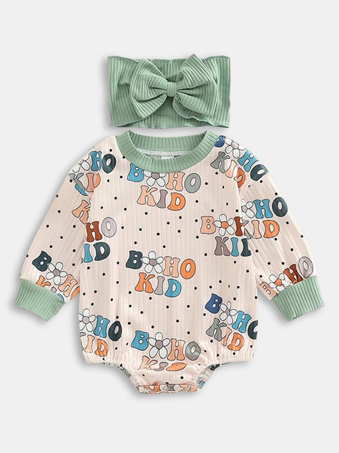 

Hopscotch Infant Girls Beige & Green Printed Bodysuits