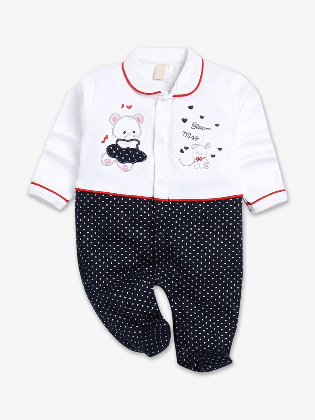 

Hopscotch Infant Girls Navy Blue & White Printed Cotton Bodysuit
