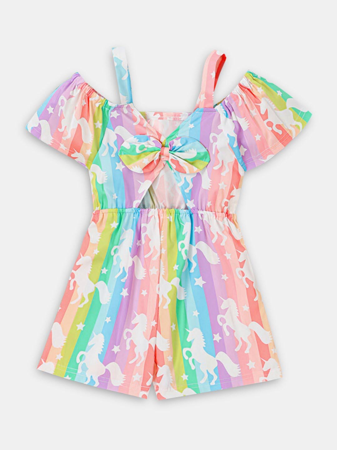 

Hopscotch Girls Blue & Pink Off-Shoulder Printed Jumpsuit