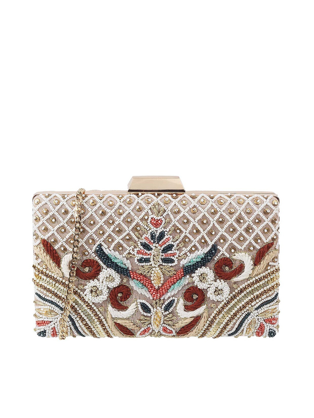 

Mochi Women Cream-Coloured & Red Embroidered Box Clutch