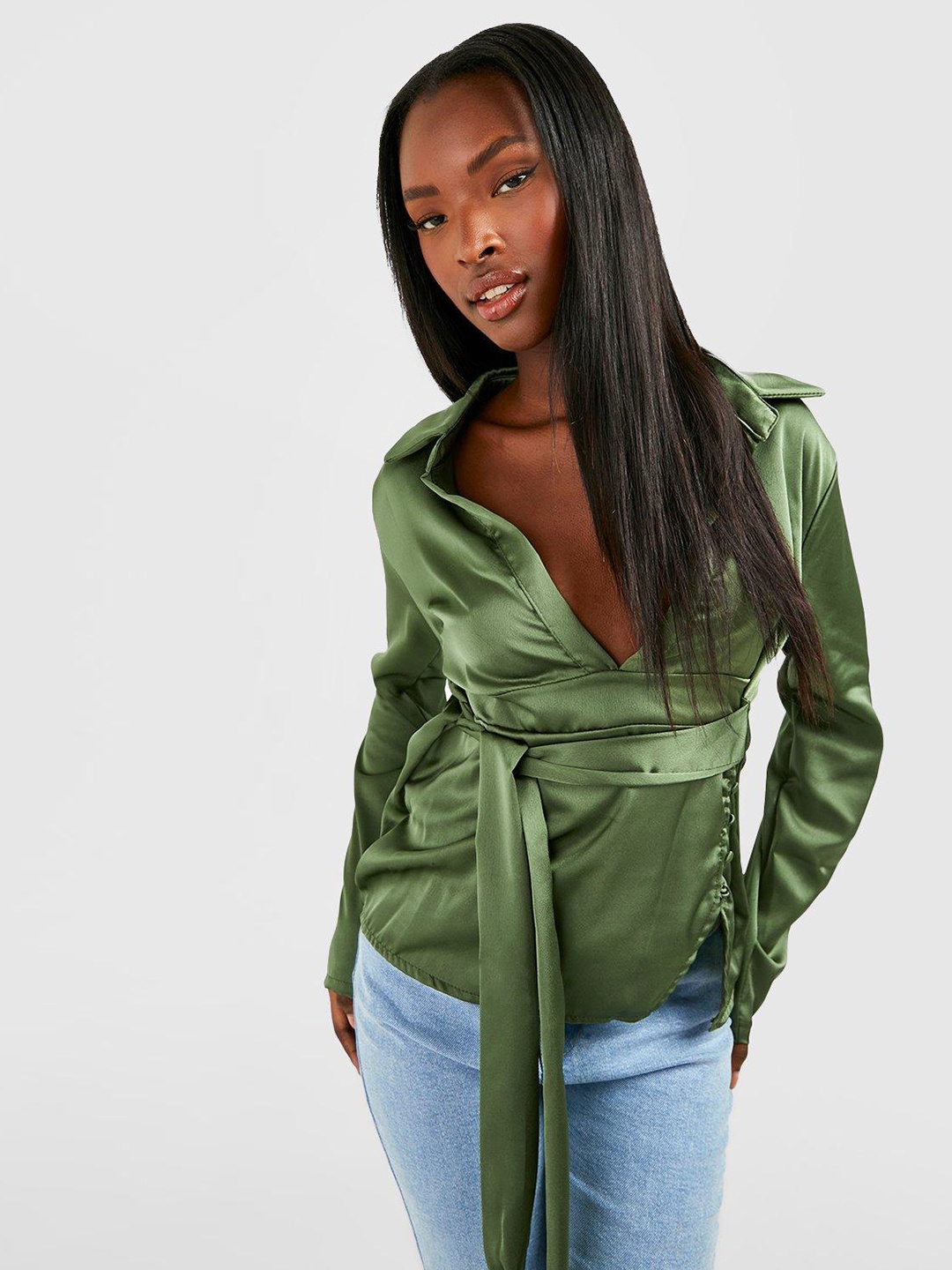 

Boohoo Shirt Collar Satin Blouson Top With Waist Tie-Ups, Green