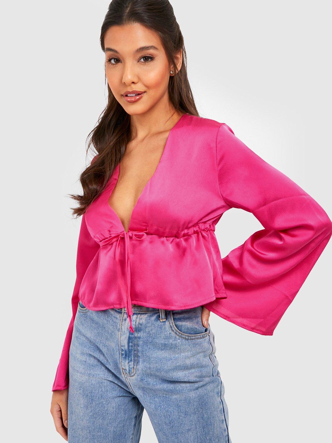 

Boohoo Tie-Up Detail Flared Sleeves Satin Blouson Top, Pink