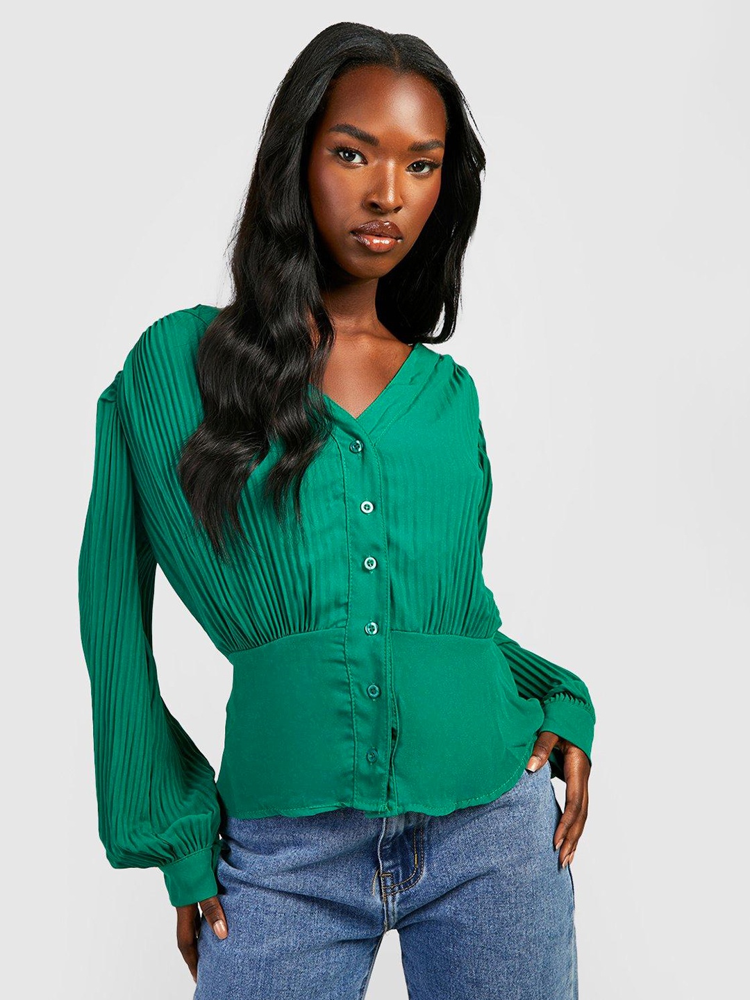 

Boohoo Accordion Pleats Chiffon Peplum Top, Green