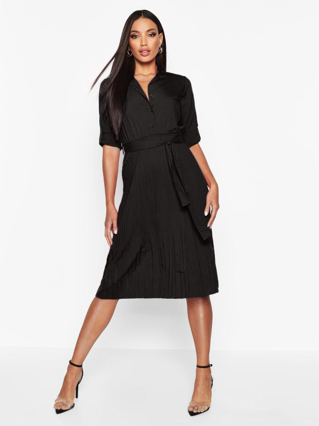 

Boohoo Pleated Collarless Midi Skater Dress, Black