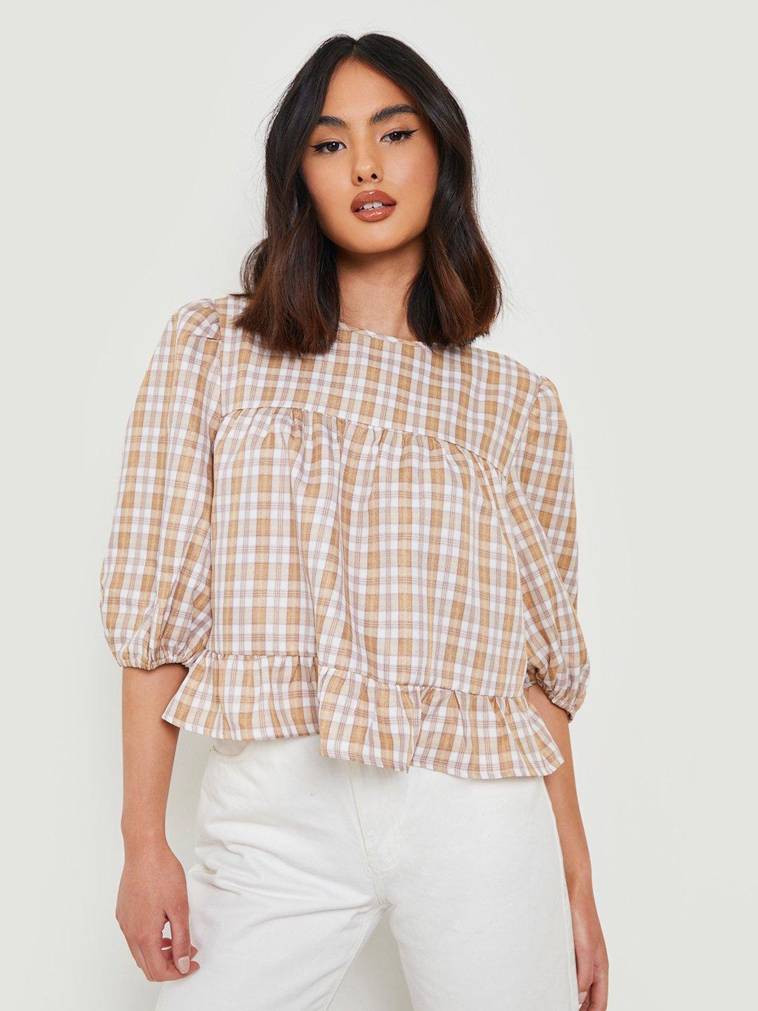 

Boohoo Checked Styled Back Top, Beige