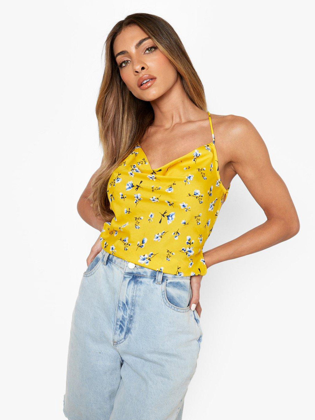 

Boohoo Floral Print Backless Crop Top, Yellow