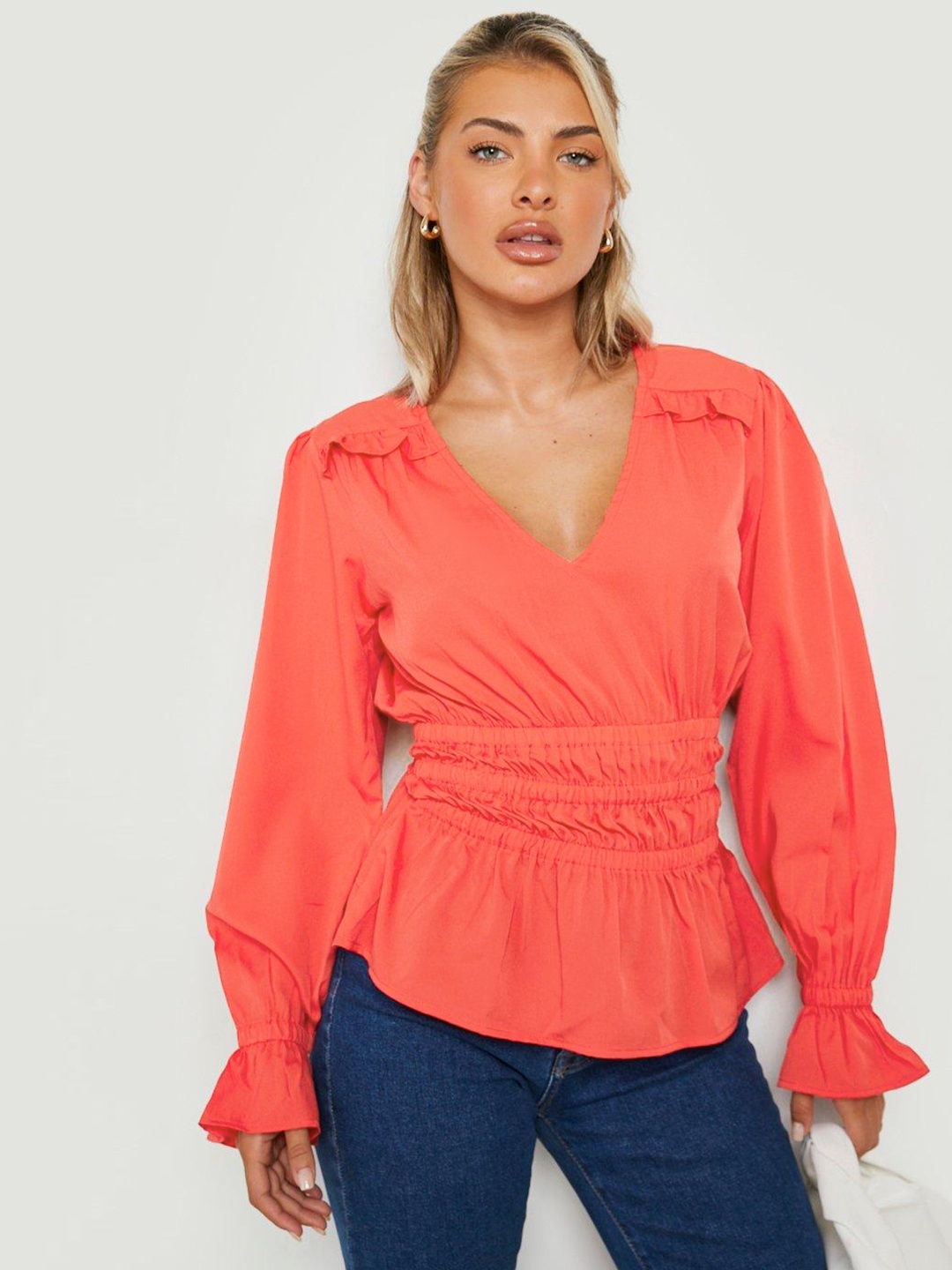 

Boohoo Ruffles Cinched Waist Top, Peach