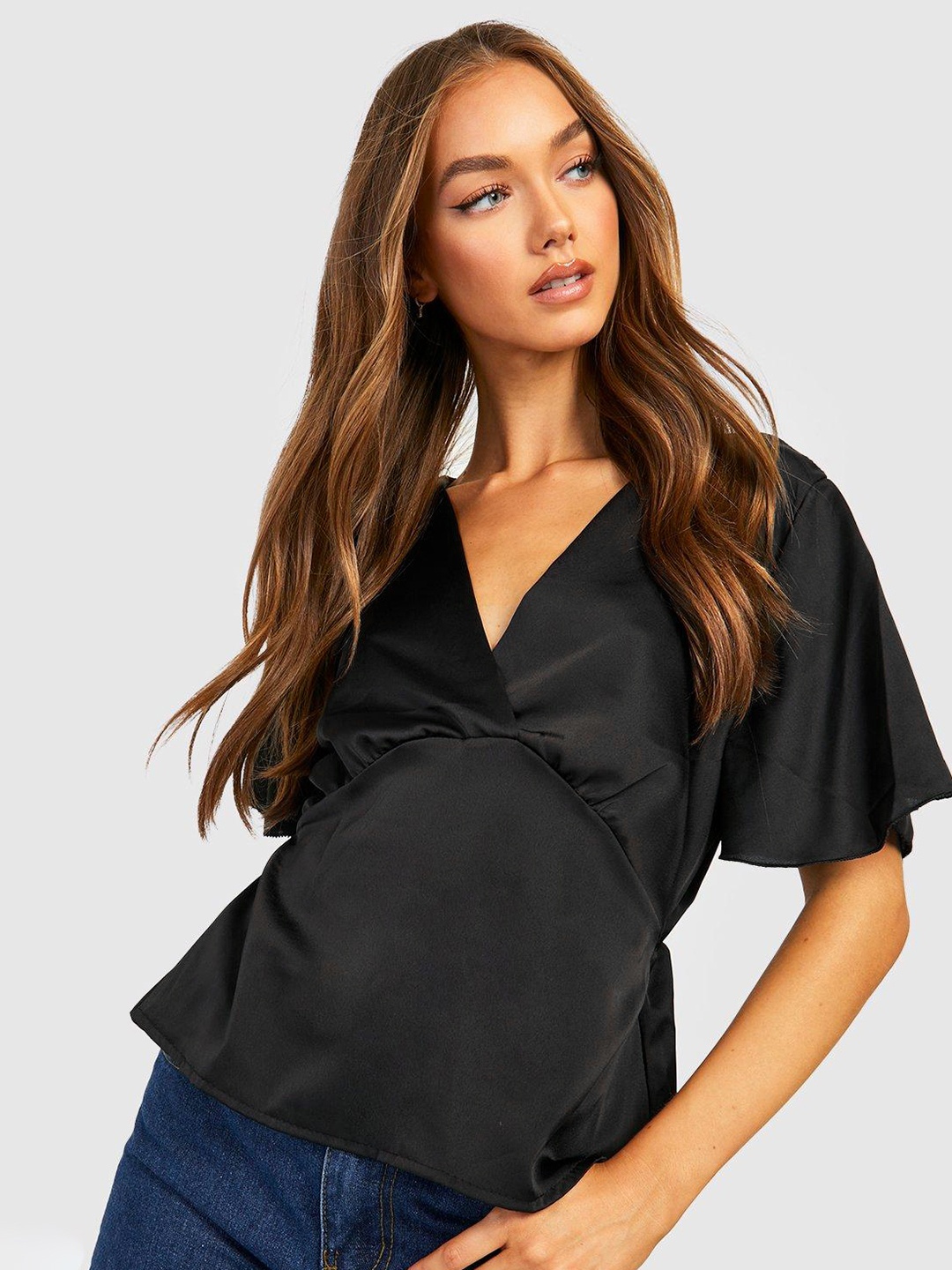 

Boohoo Flutter Sleeves Empire Top, Black