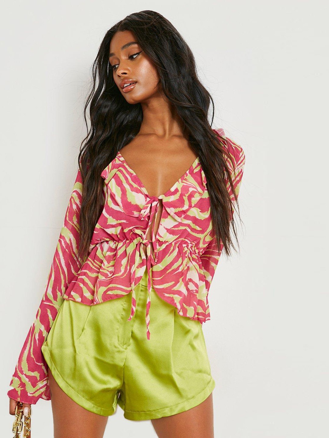 

Boohoo Printed Tie-Up Front Chiffon Top, Pink