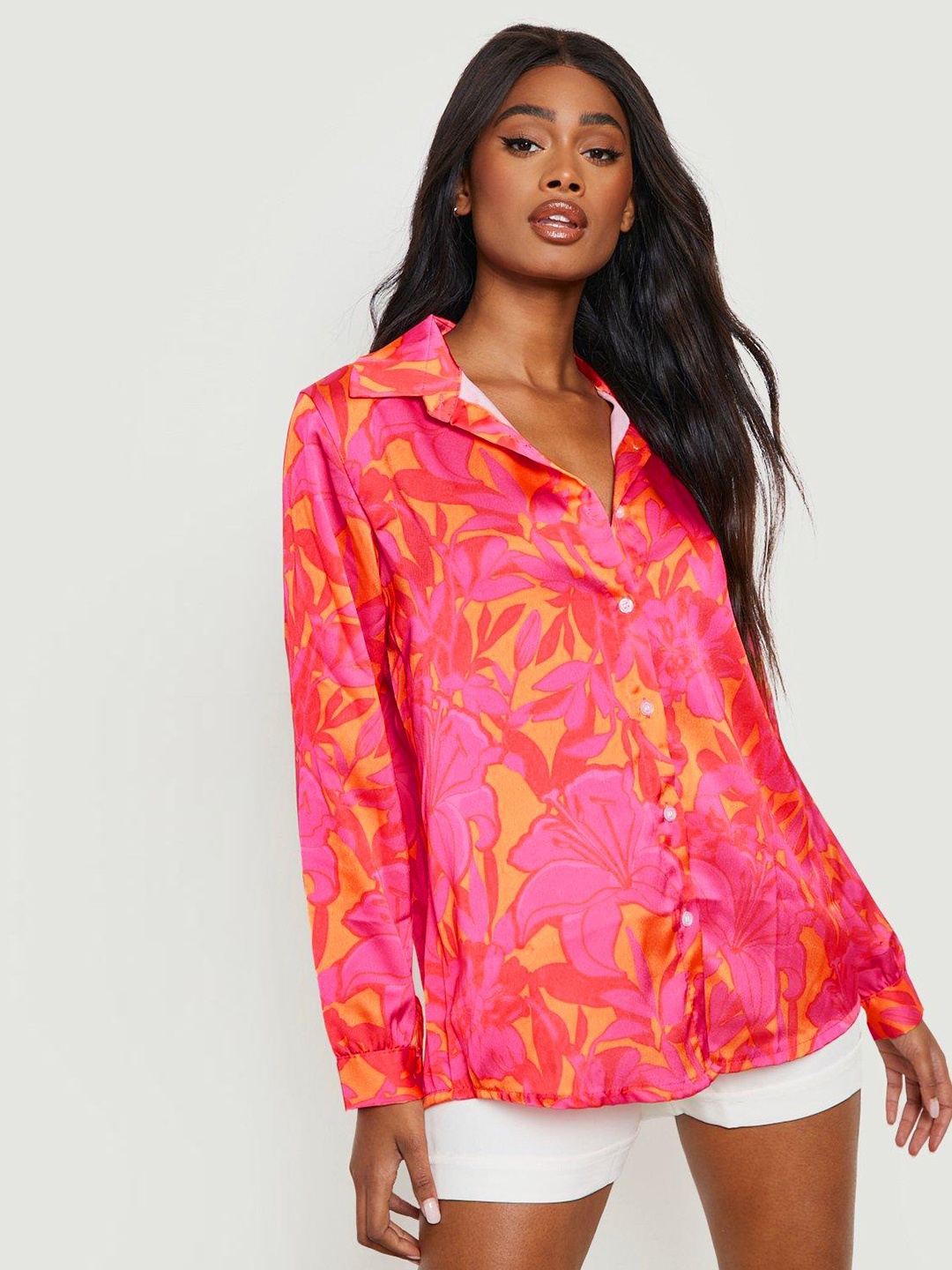 

Boohoo Women Floral Printed Oversized Satin Casual Shirt, Pink