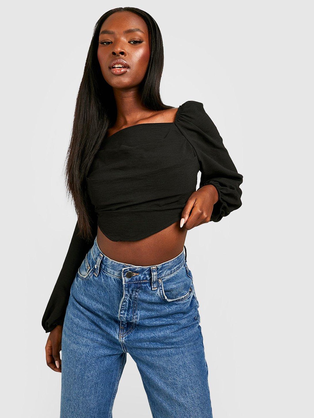 

Boohoo Textured Smocked Crop Top, Black