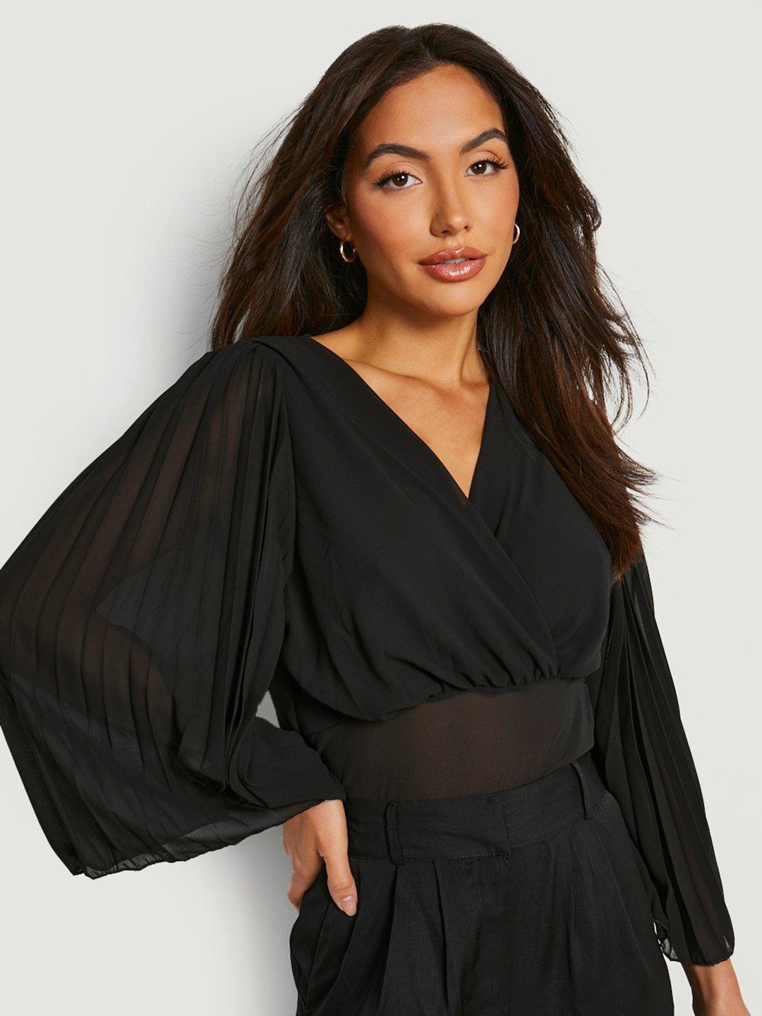 

Boohoo Pleated Chiffon Wrap Bodysuit, Black