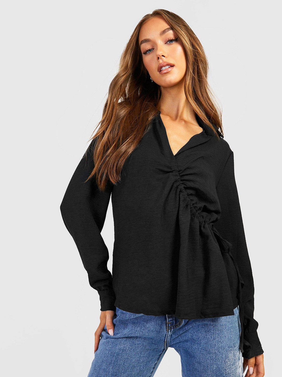 

Boohoo Textured Gathered Detail Shirt Style Top, Black