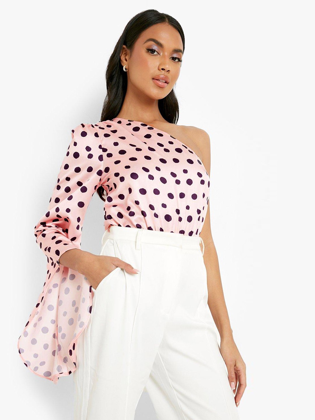 

Boohoo Satin Polka Dot Print One Shoulder Bodysuit, Pink