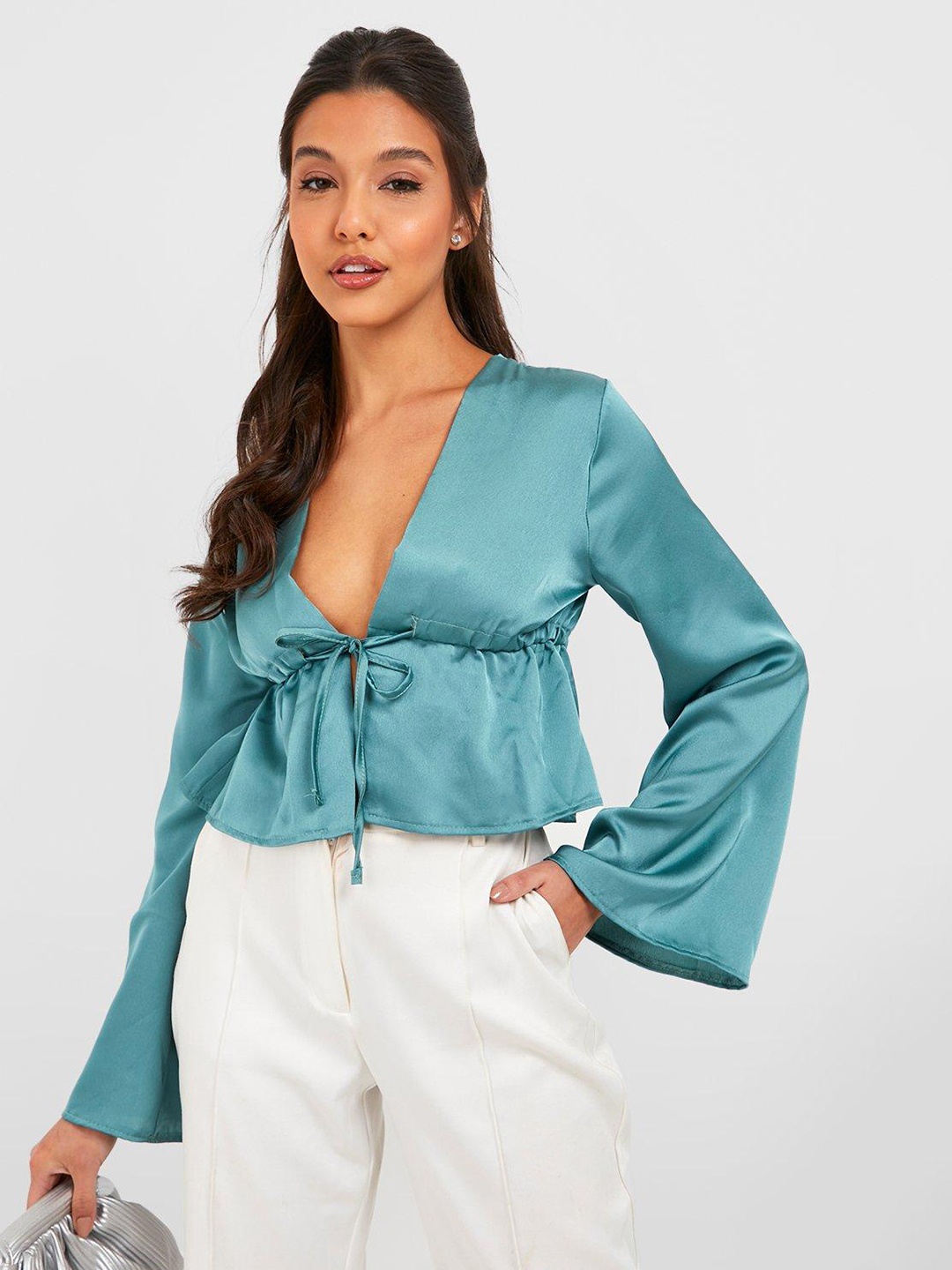 

Boohoo Satin Tie-Up Front Top, Teal