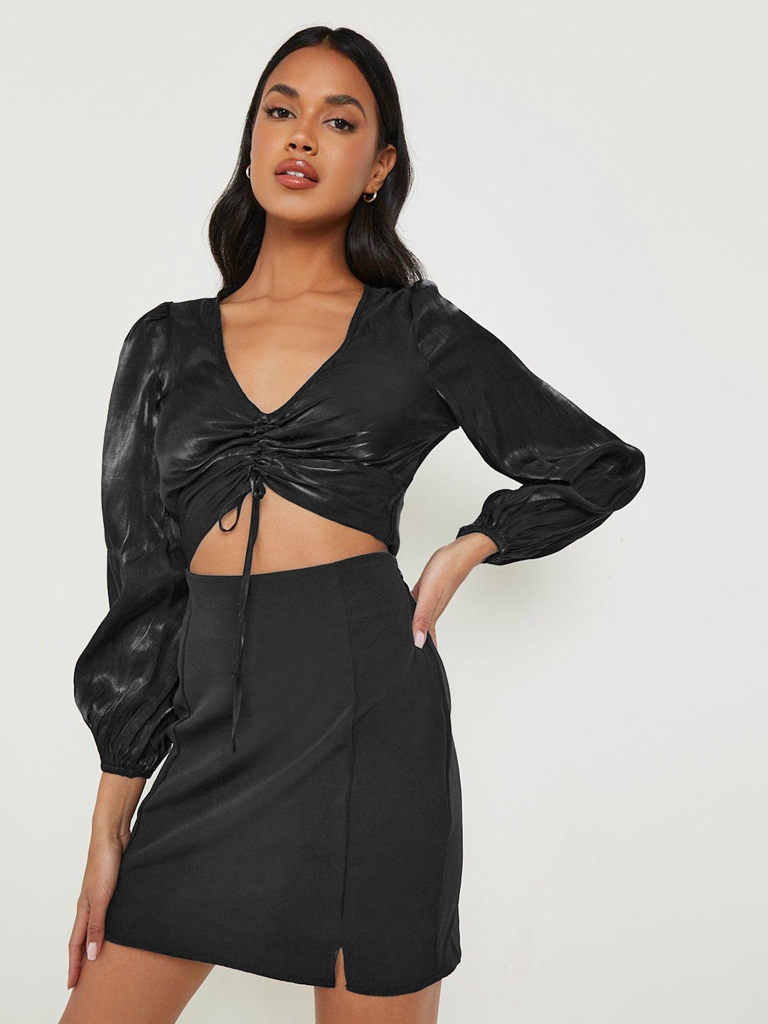 

Boohoo Shimmery Ruched Crop Top, Black