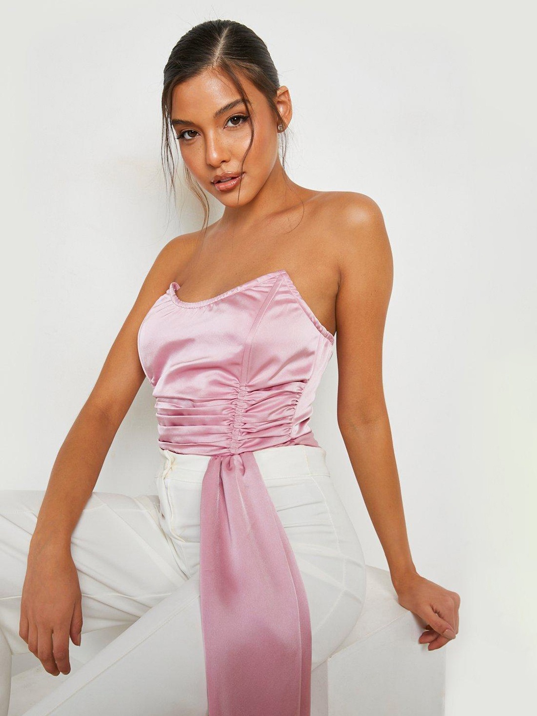 

Boohoo Satin Tie-Up Waist Ruched Bodysuit, Pink