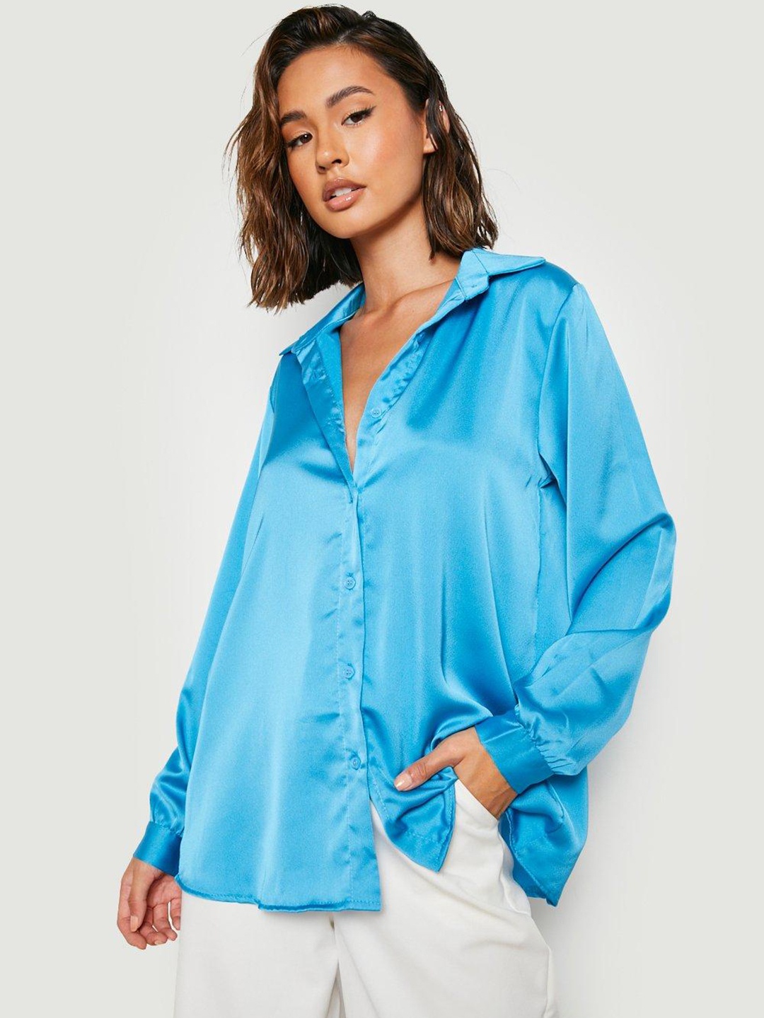 

Boohoo Women Oversized Satin Shirt, Blue