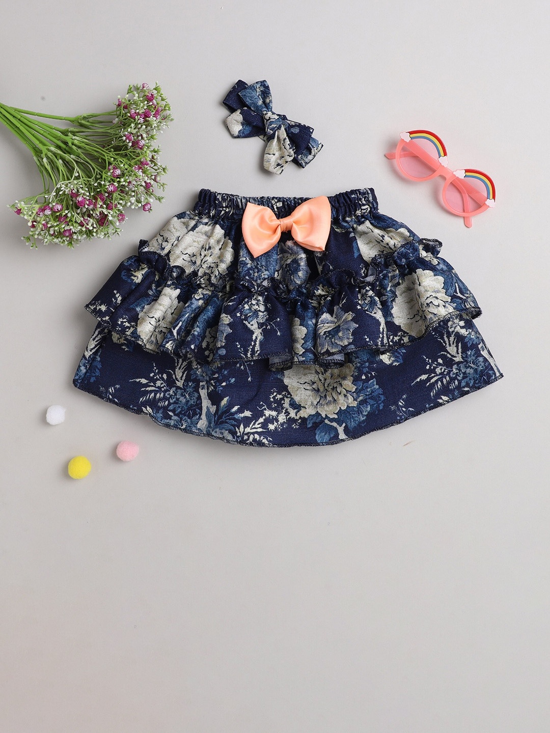 

MANY FROCKS & Infants Blue & Peach-Colored Printed Flared Mini Skirt with Head Band