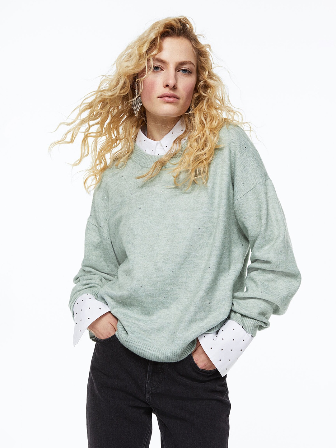

H&M Women Green Beaded jumper
