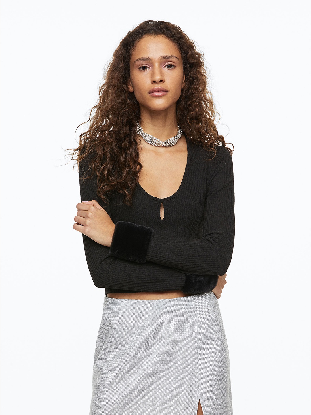 

H&M Women Black Long-Sleeved Ribbed Top