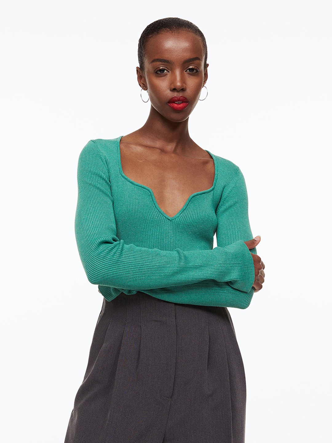 

H&M Women Turquoise Blue Rib-Knit Top