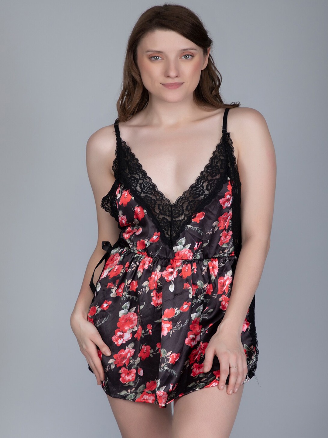 

PHWOAR Black & Maroon Satin Printed Baby Doll