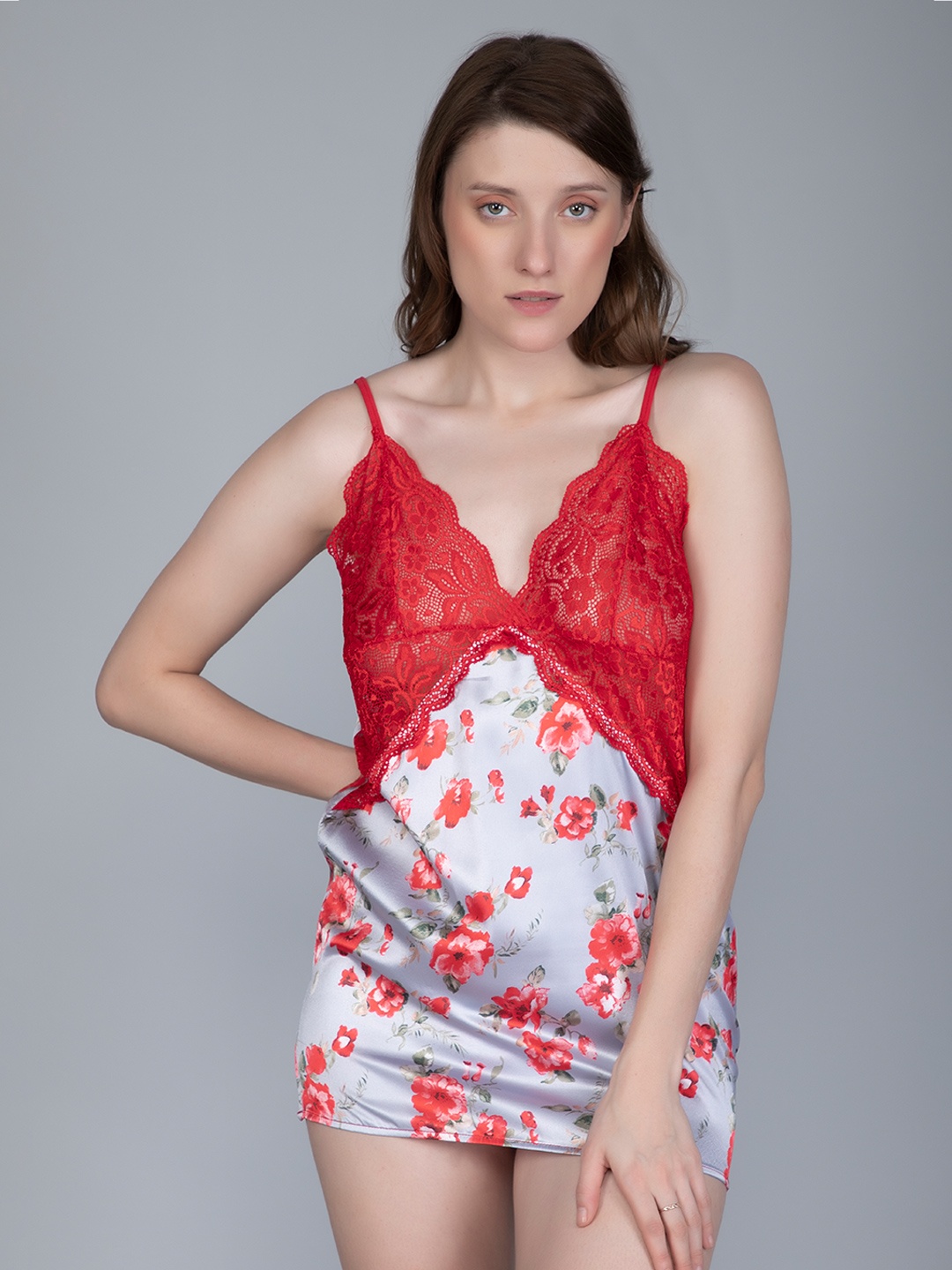

PHWOAR Red & Grey Satin Printed Baby Doll