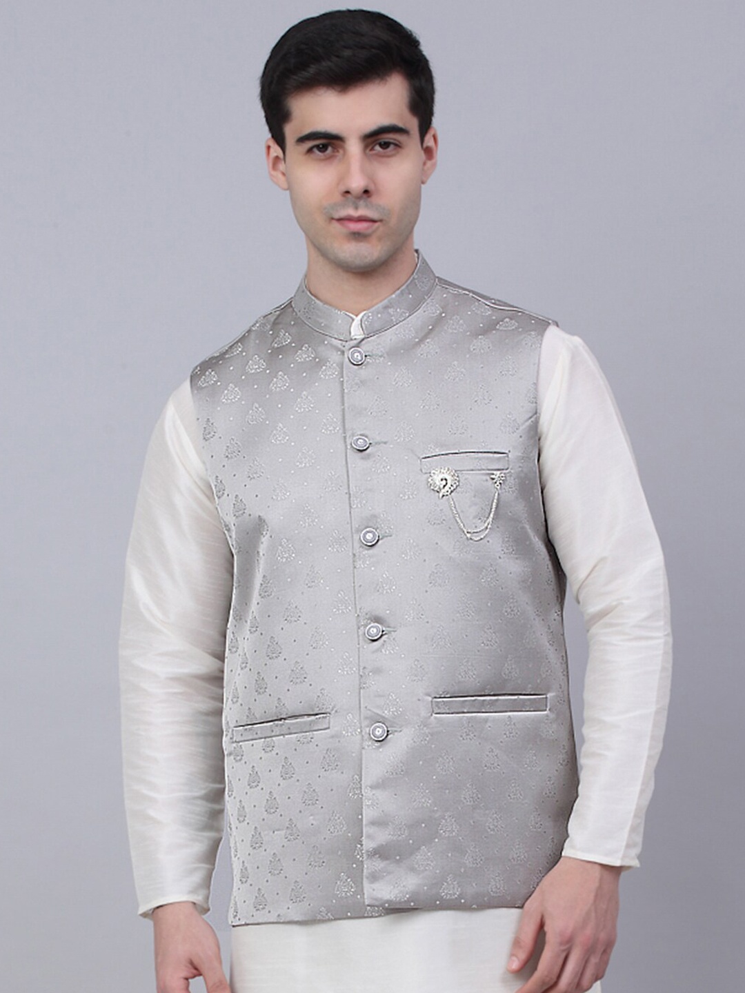 

Jompers Men Grey Woven Design Nehru Jacket