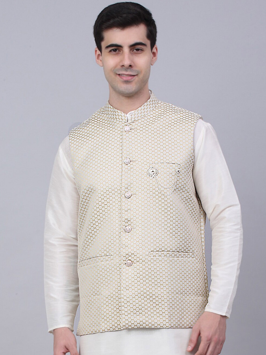 

Jompers Men Beige Woven Design Nehru Jacket