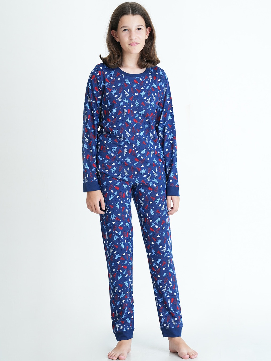 

mackly Unisex Kids Navy Blue & Red Printed Night suit