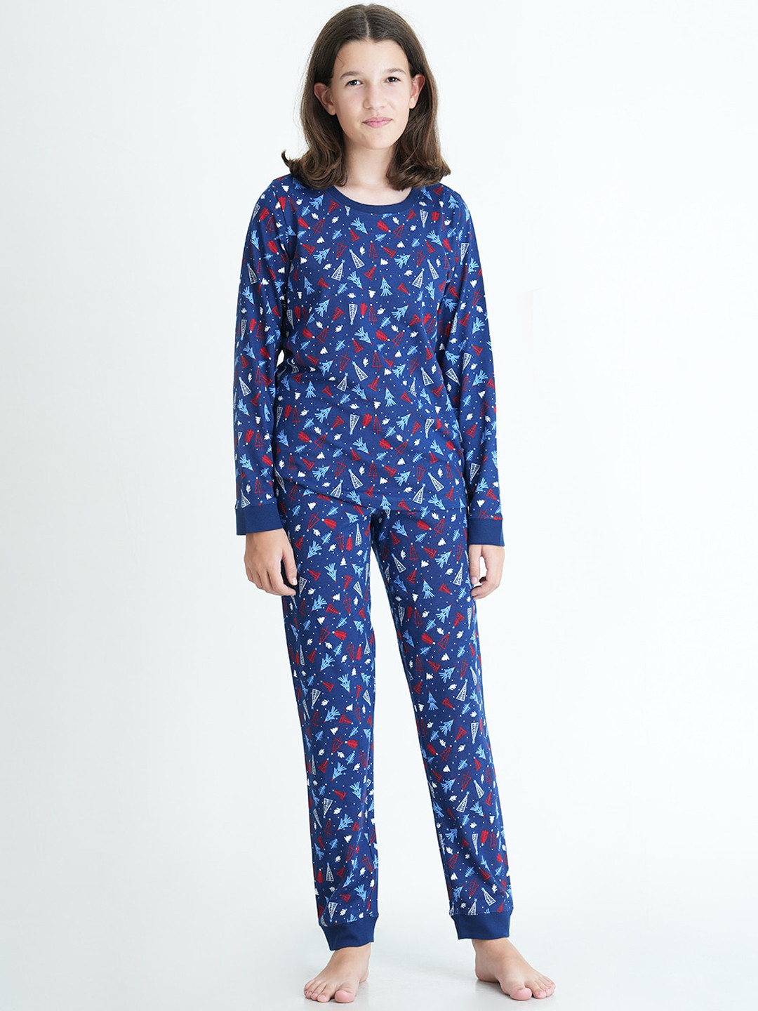 

mackly Girls Navy Blue & Red Printed Night suit