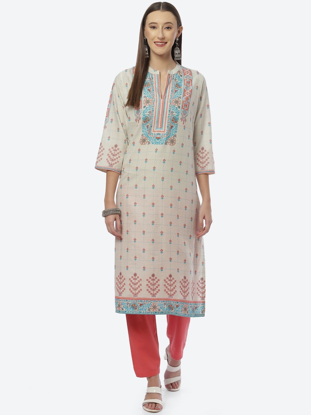 

Biba Women Beige Ethnic Printed Regular Kurta