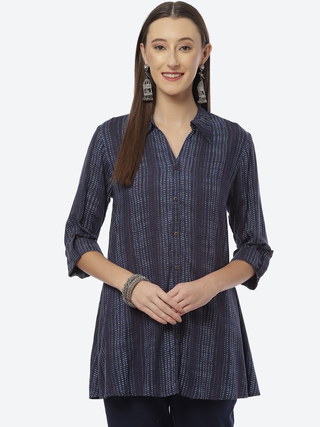 

Biba Blue Striped Shirt Style Longline Cotton Top