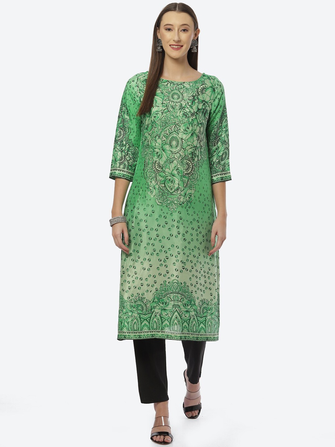 

Biba Women Green Floral Printed Cotton Kurta