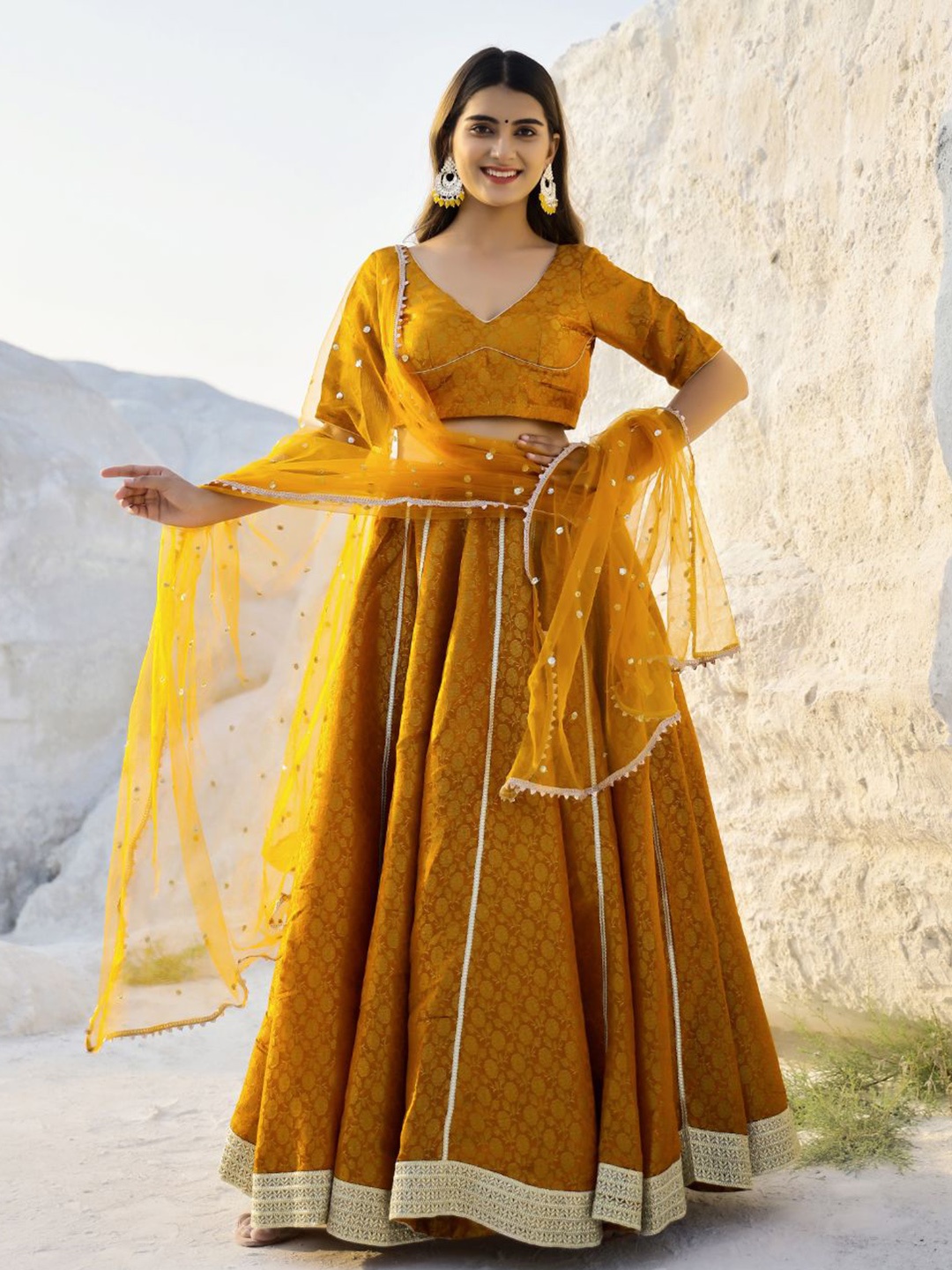 

Baisacrafts Mustard & Gold-Toned Lehenga & Blouse With Dupatta