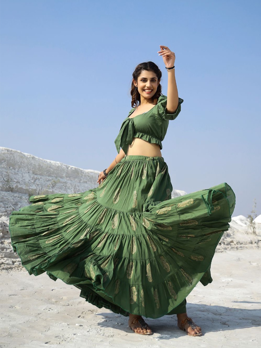 

Baisacrafts Olive Green & Gold-Toned Lehenga & Blouse With Dupatta