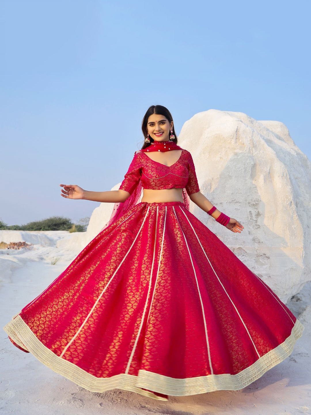 

Baisacrafts Magenta & Gold-Toned Lehenga & Blouse With Dupatta