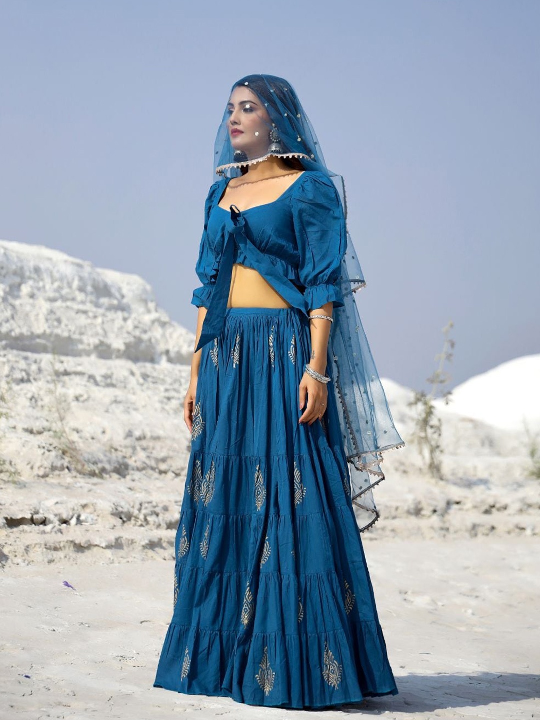 

Baisacrafts Navy Blue & Gold-Toned Lehenga & Blouse With Dupatta