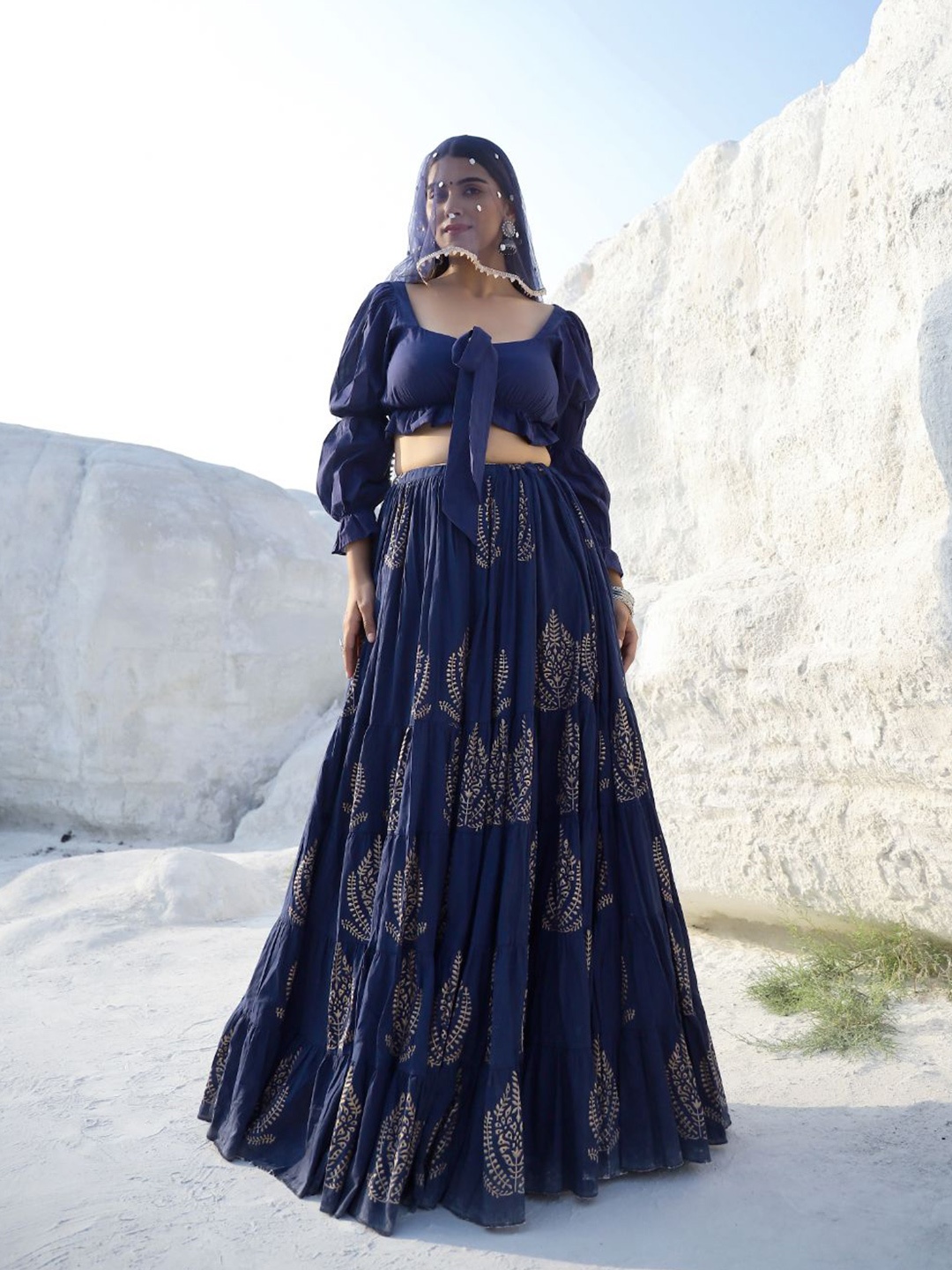 

Baisacrafts Blue & Gold-Toned Lehenga & Blouse With Dupatta