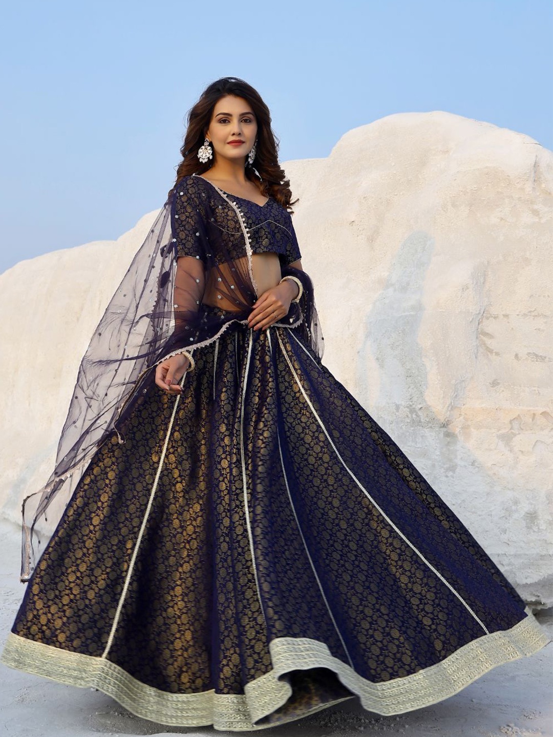 

Baisacrafts Navy Blue & Gold-Toned Lehenga & Blouse With Dupatta