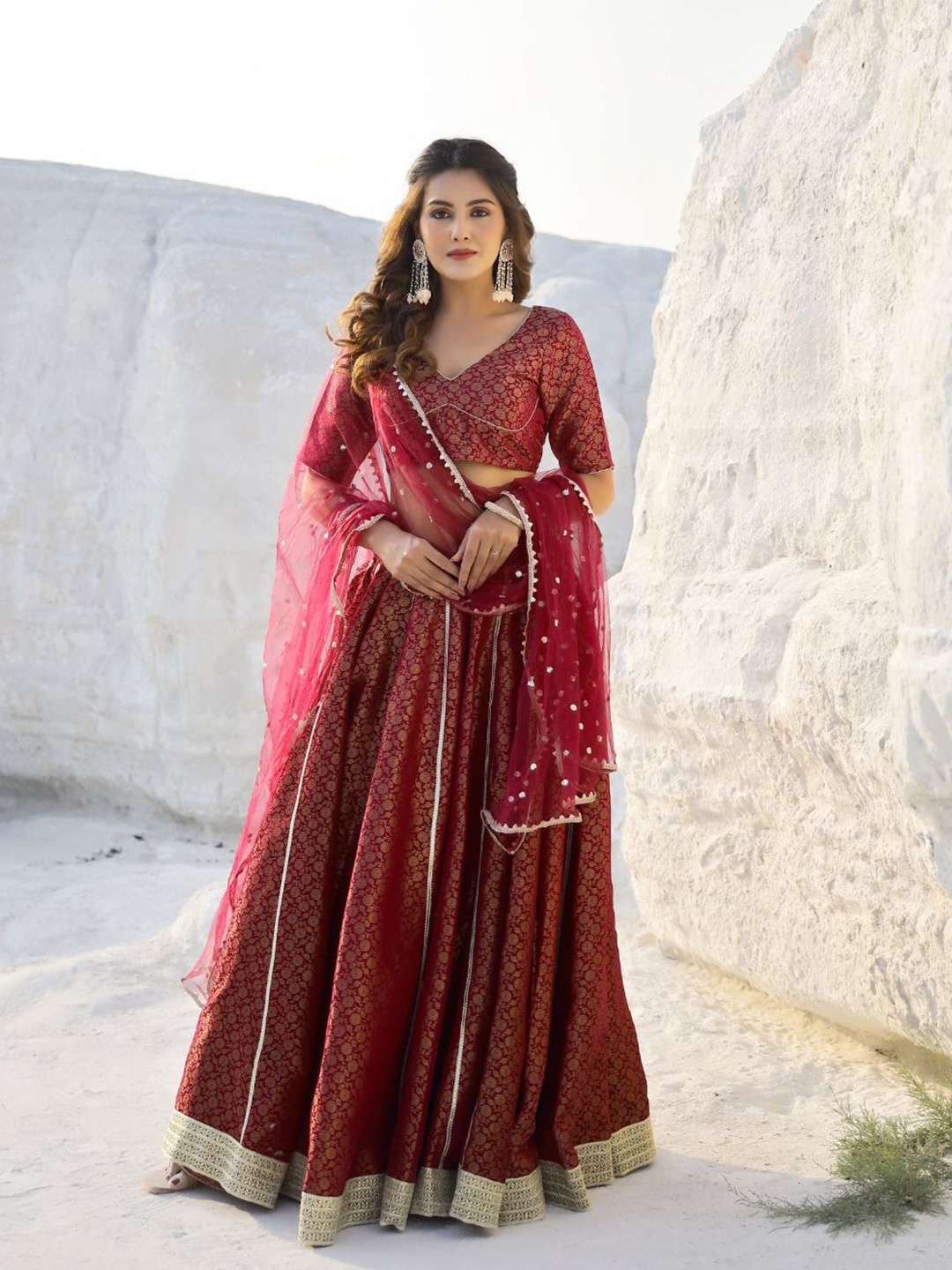 

Baisacrafts Maroon & Gold-Toned Lehenga & Blouse With Dupatta