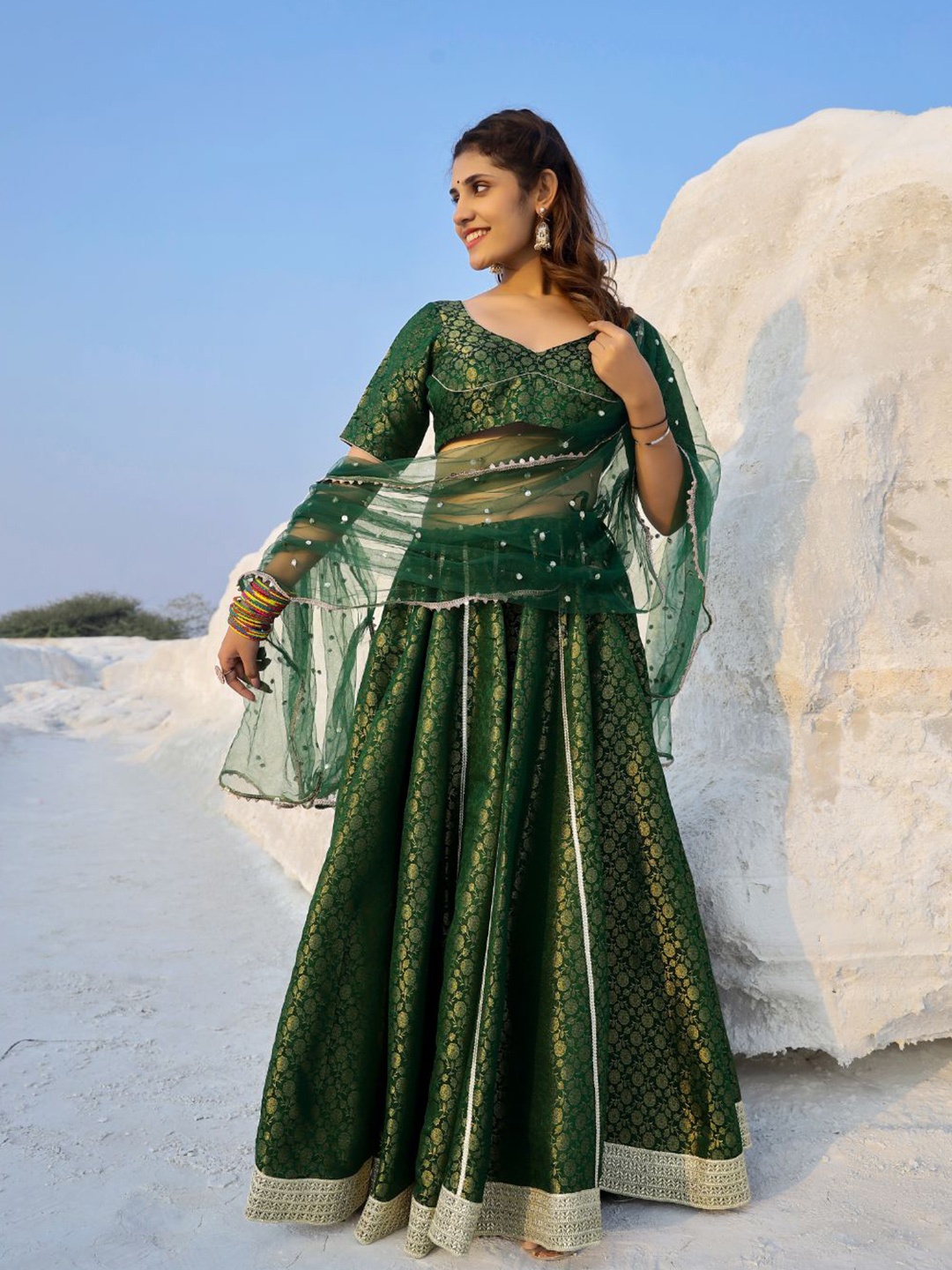 

Baisacrafts Green & Gold-Toned Lehenga & Blouse With Dupatta